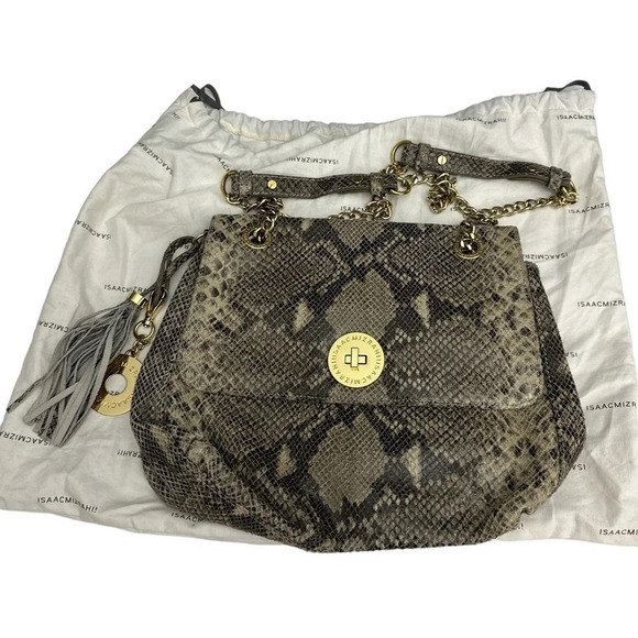 Isaac Mizrahi Handbags - Isaac Mizrahi Live Bridgehampton Leather Bag Chain Strap Soft Snakeskin Print
